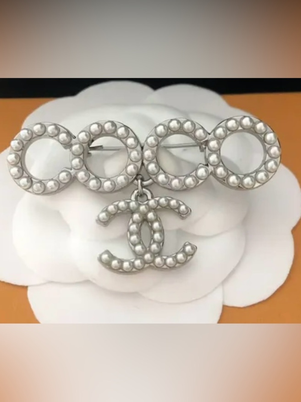 Double C Silver - Tone Faux Pearl Brooch With Dangle Logo